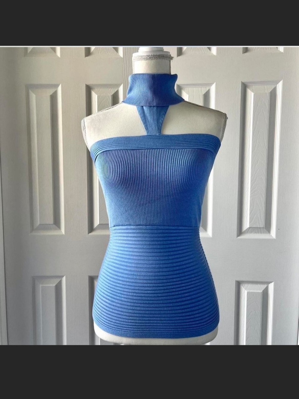 Y2K Cache Blue Ribbed Mock Neck Tank